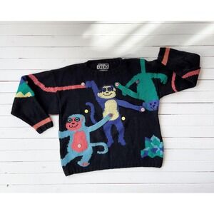 Berek wool sweater 80s 90s vintage black wool monkey‎ banana novelty hand knit